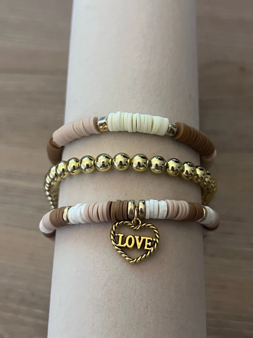 3 Piece Neutral Heishi Bead Bracelet Set Gold Bead LOVE Charm Stretch Clasp